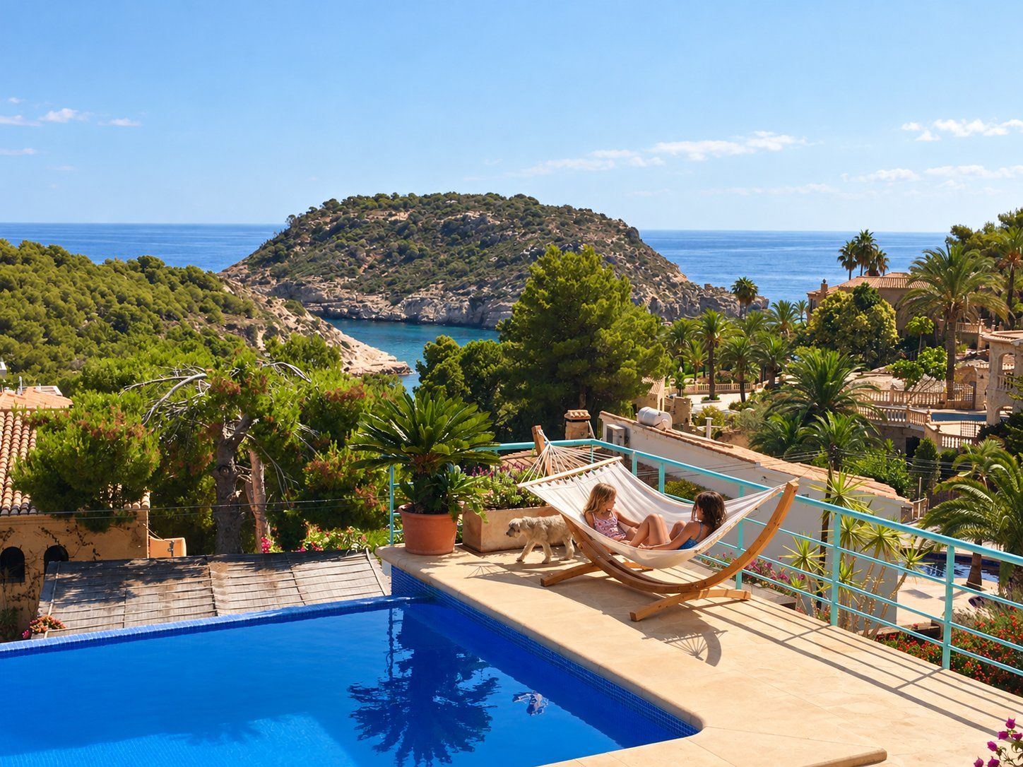 Hamaca junto a la piscina, con la cala y la isla del Portitxol detrás