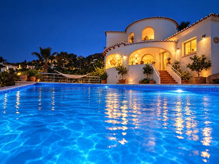 La casa iluminada de noche, vista desde la piscina